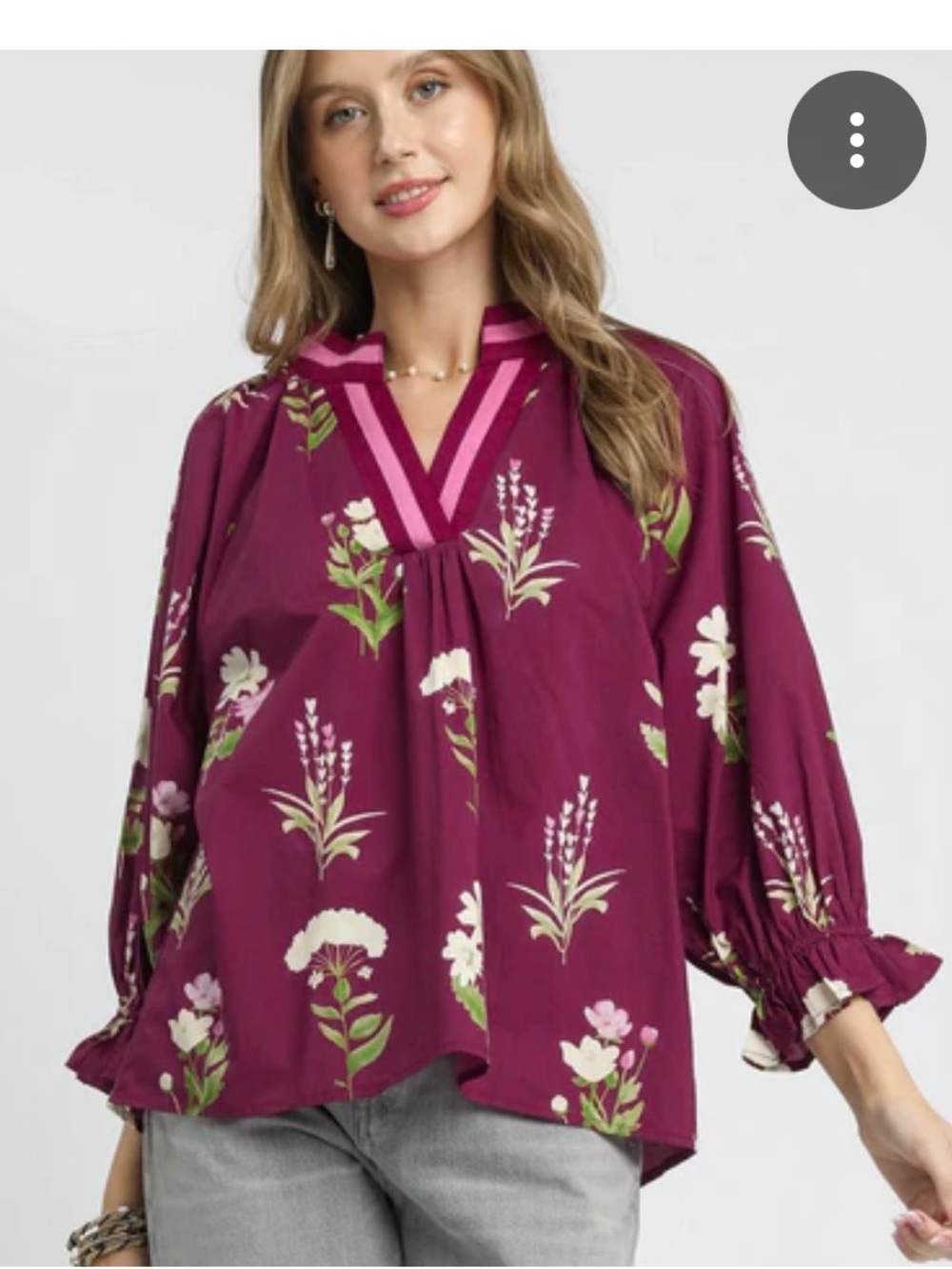 Umgee Plum Floral V-Neck Peasant Blouse